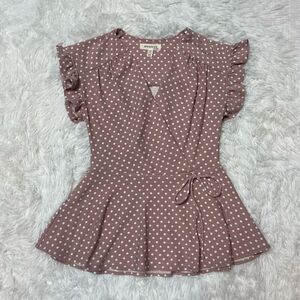 Monteau Pink Plush Top Blouse Vneck Tie Front Size XS Ruffle Sleeves Feminine Po